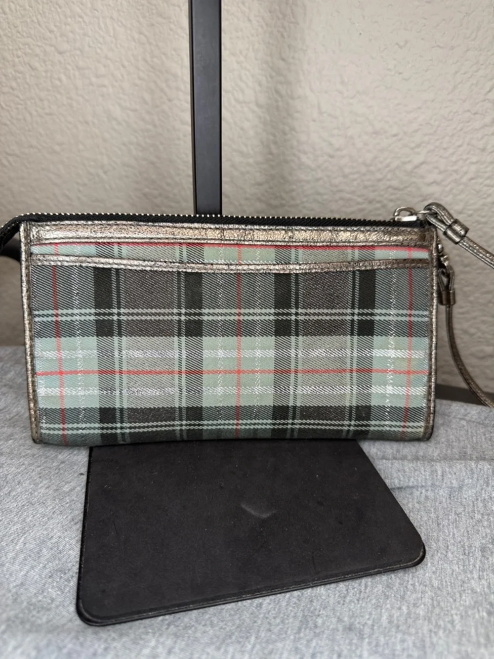Coach Poppy Metallic Silver and Green Plaid Wristlet